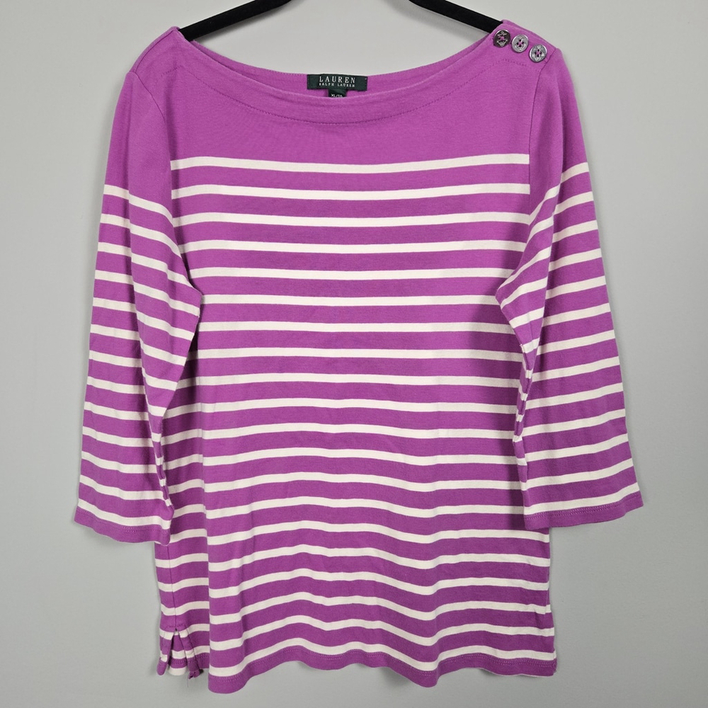 Lauren Ralph Lauren Womens Boat Neck Striped Top XL Purple Nautical 3/4 Sleeve